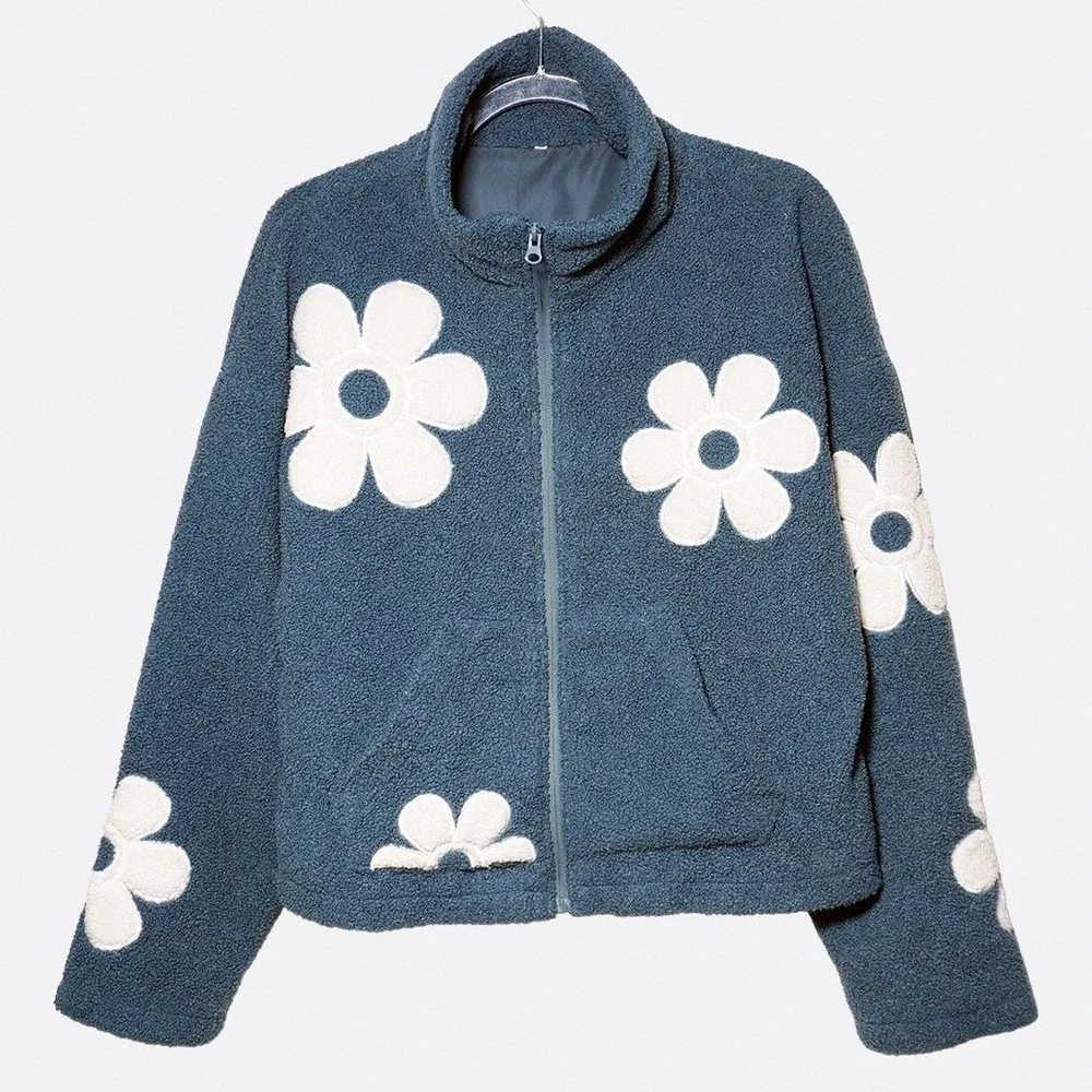 Teal Daisy Sherpa Zip Jacket‎ 0X L Teddy Coat Cozy Soft Girl Boho Flower Power